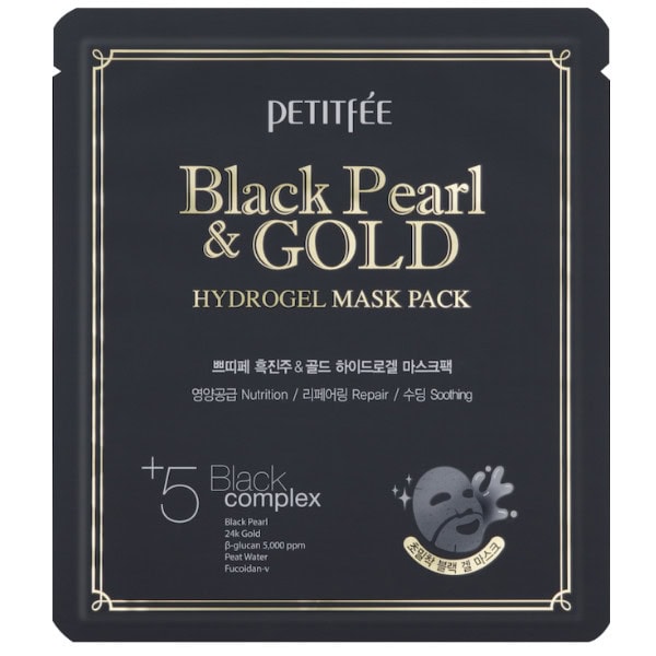 Petité Black Pearl & Gold Hydrogel Mask Pack con marca Petité, mascarilla facial.